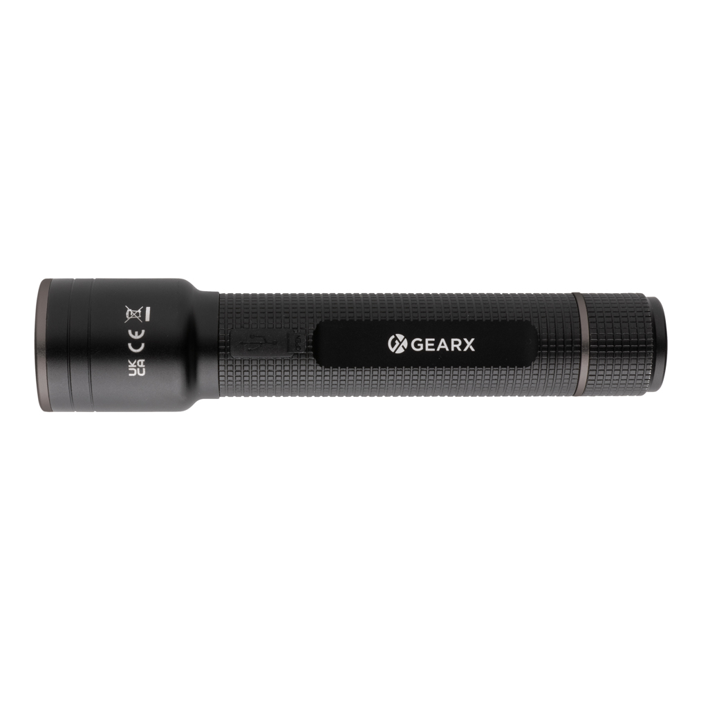Große Gear X Taschenlampe aus RCS recycelt. Alu mit USB-Akku, schwarz
