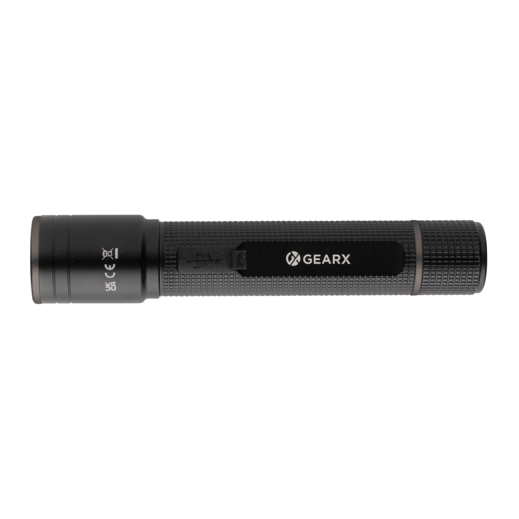 Gear X Taschenlampe aus RCS recycelt. Aluminium mit USB-Akku, schwarz