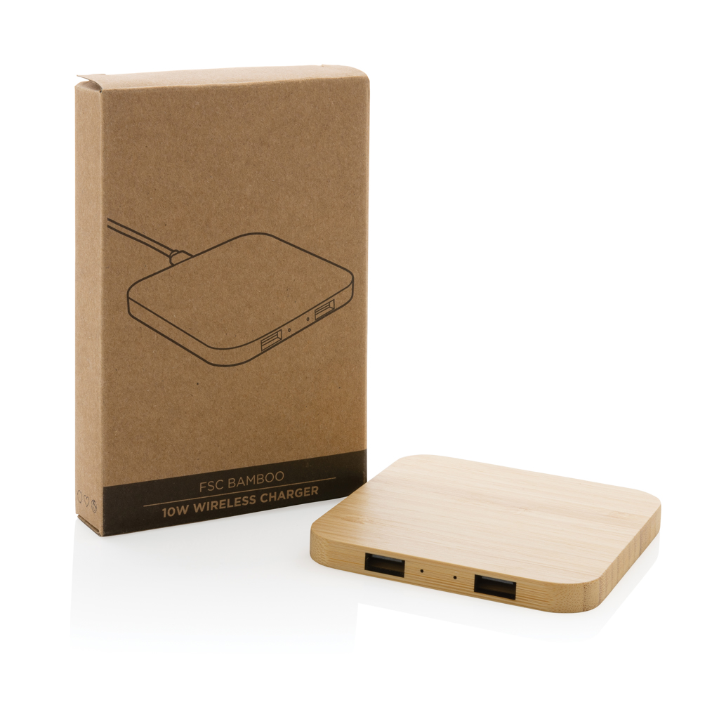 10W Wireless-Charger mit USB aus Bambus, braun