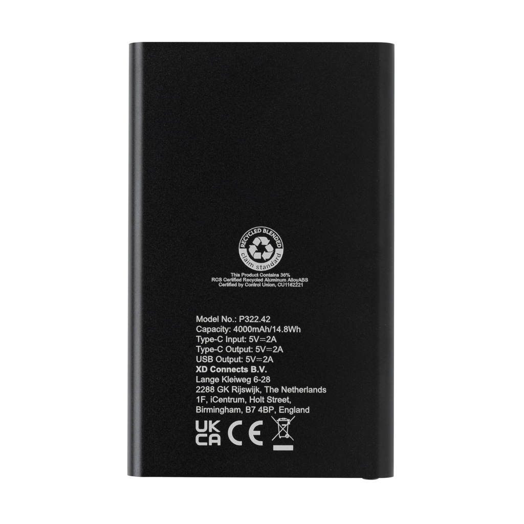 4.000mAh Type-C Powerbank aus RCS recyeltem ABS & Aluminium, schwarz