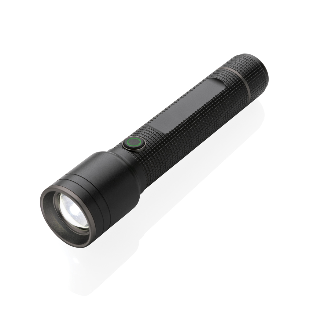 Große Gear X Taschenlampe aus RCS recycelt. Alu mit USB-Akku, schwarz