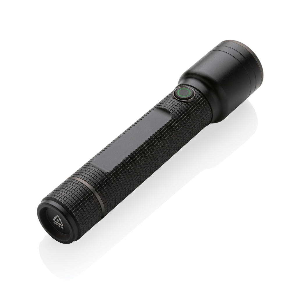 Große Gear X Taschenlampe aus RCS recycelt. Alu mit USB-Akku, schwarz