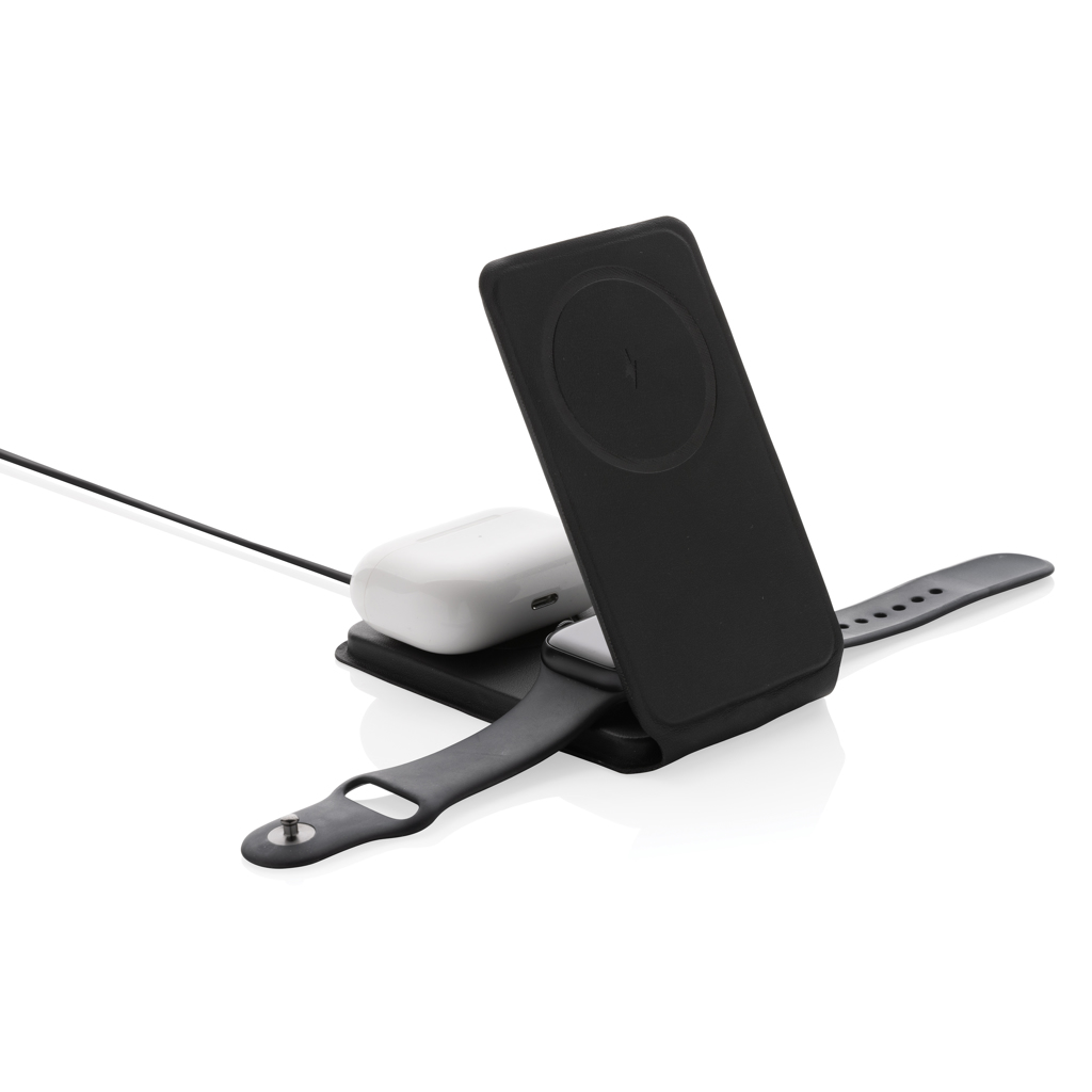 Swiss Peak 15W 3-in-1 magnetischer Wireles Charger aus rPU, schwarz