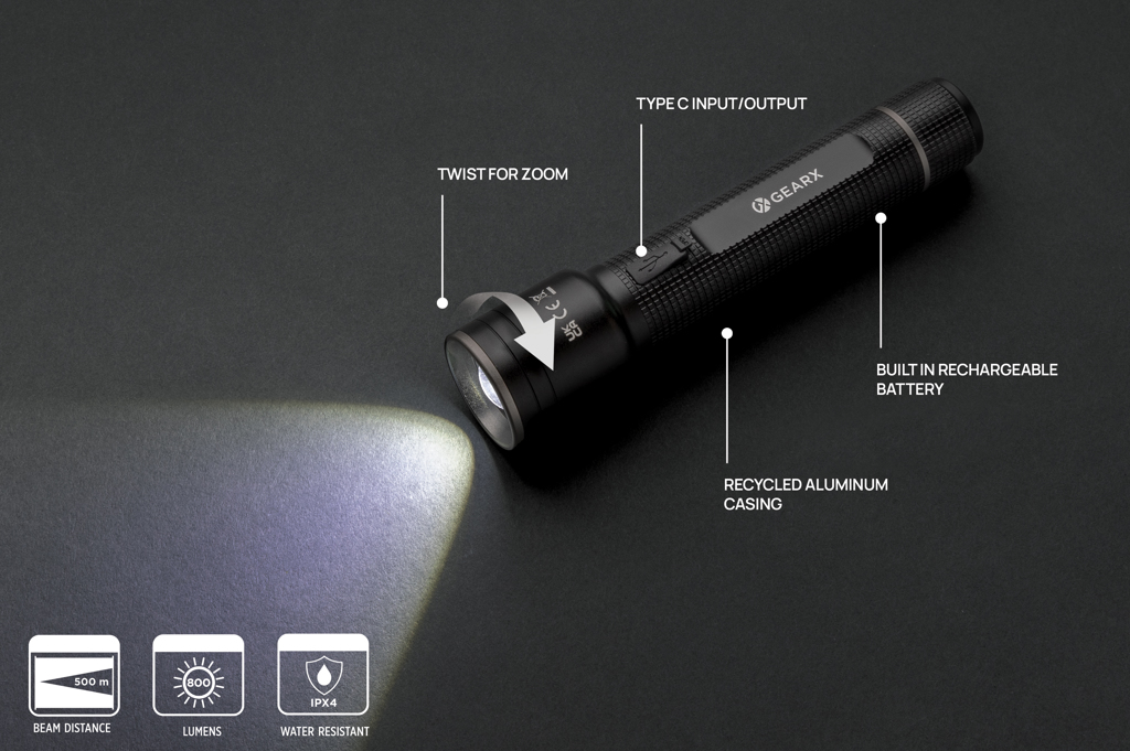 Große Gear X Taschenlampe aus RCS recycelt. Alu mit USB-Akku, schwarz