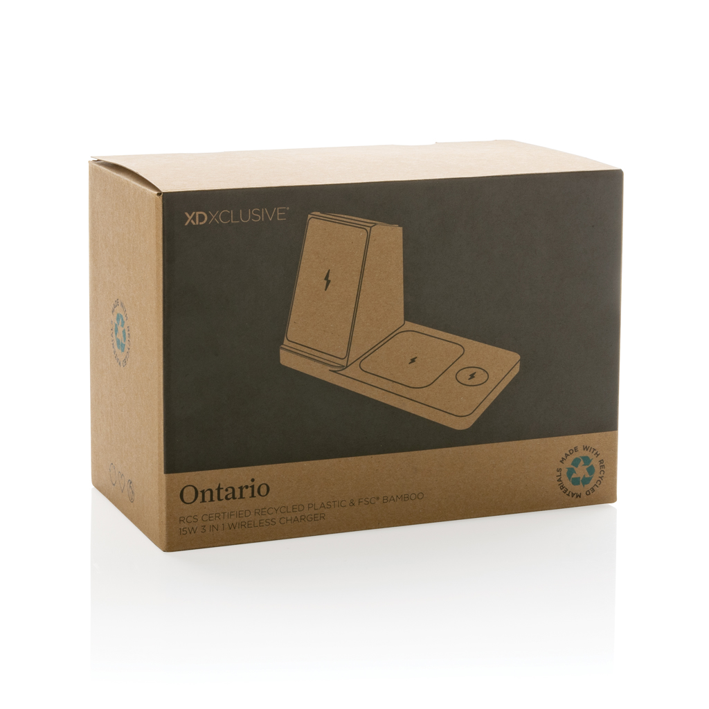 Ontario 15W 3-in-1 Charger aus RCS rec. Kunststoff & Bambus, weiß