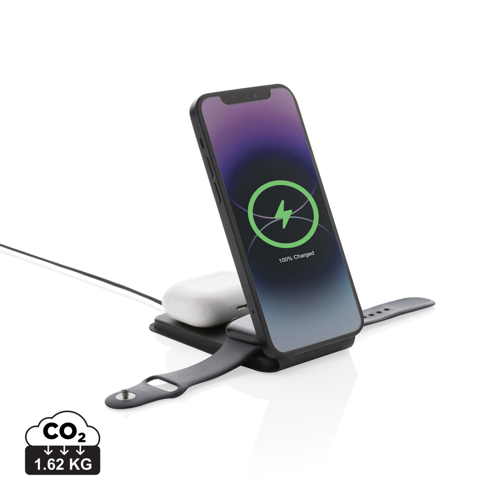 Swiss Peak 15W 3-in-1 magnetischer Wireles Charger aus rPU, schwarz