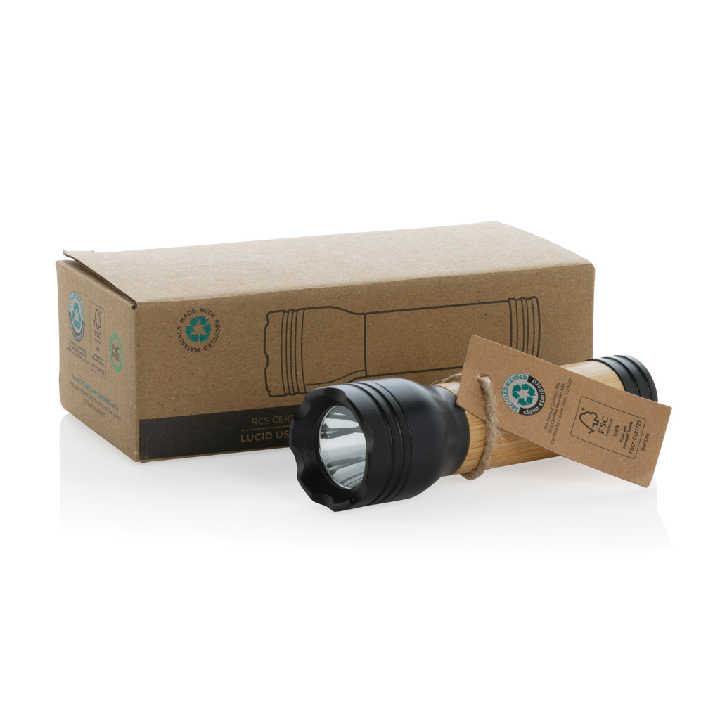 Lucid 1W Taschenlampe aus RCS recycelt. Kunststoff & Bambus, schwarz