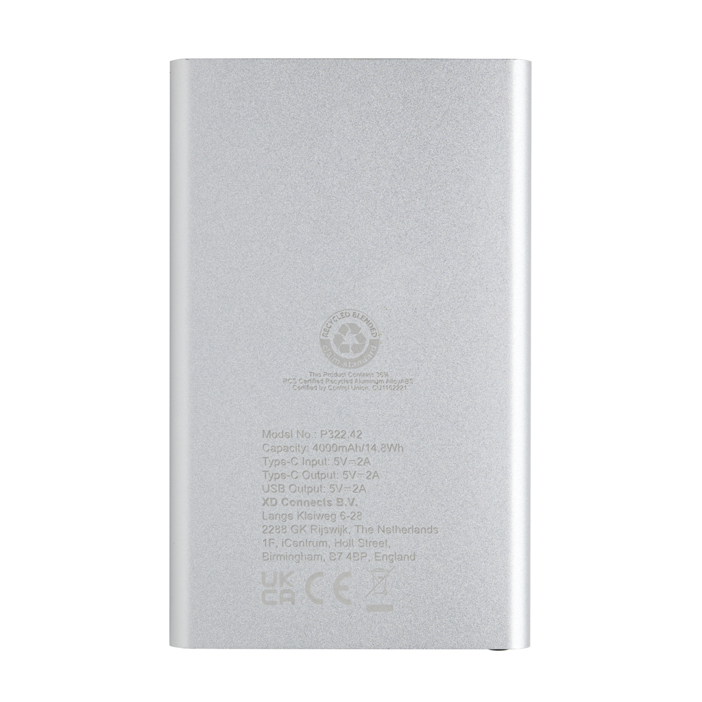 4.000mAh Type-C Powerbank aus RCS recyeltem ABS & Aluminium, silber