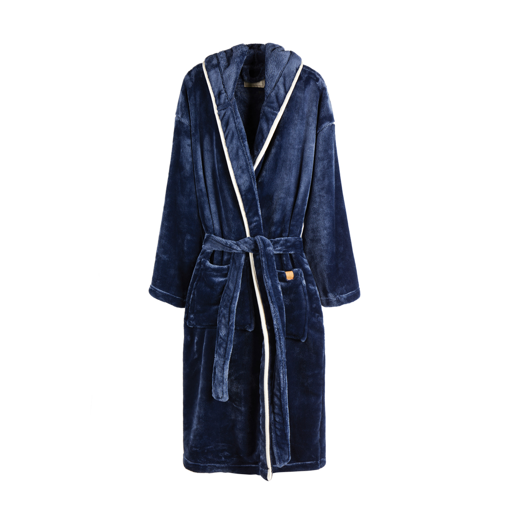 VINGA Louis Luxus Plüsch GRS rPET Bademantel Größe L/XL, navy blau