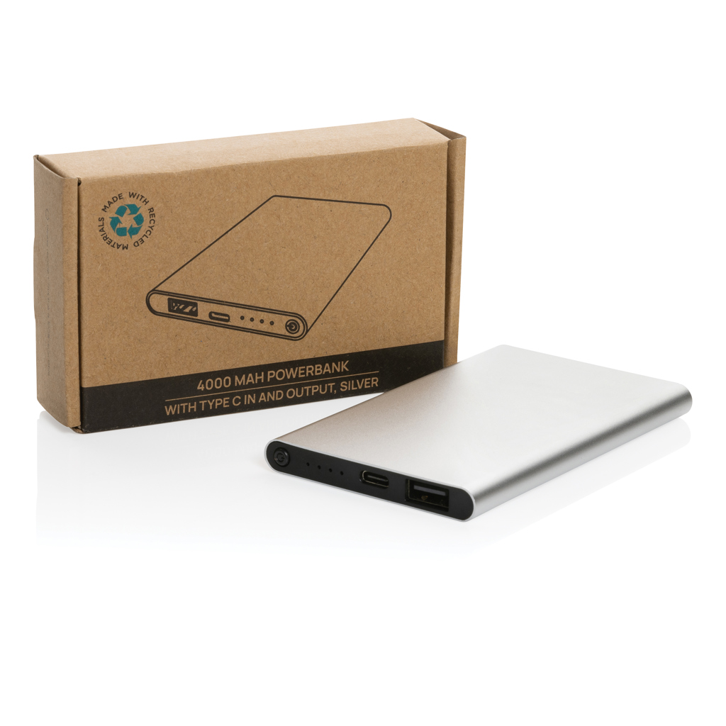 4.000mAh Type-C Powerbank aus RCS recyeltem ABS & Aluminium, silber