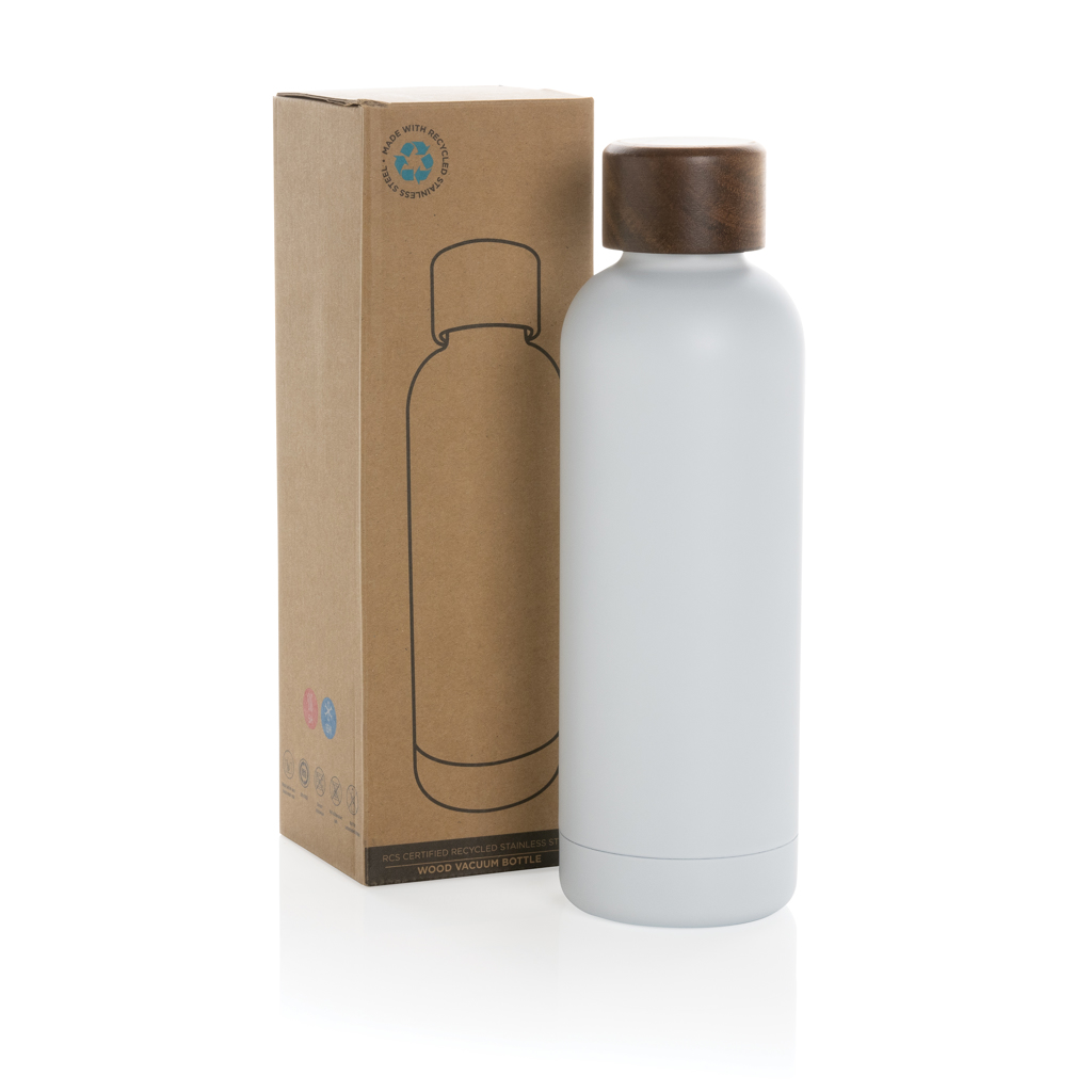 Wood Vakuumflasche aus RCS recyceltem Stainless-Steel, weiß