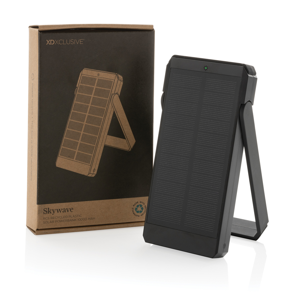 Skywave 10000mAh Solarpowerbank aus RCS recycelt. Kunststoff, schwarz