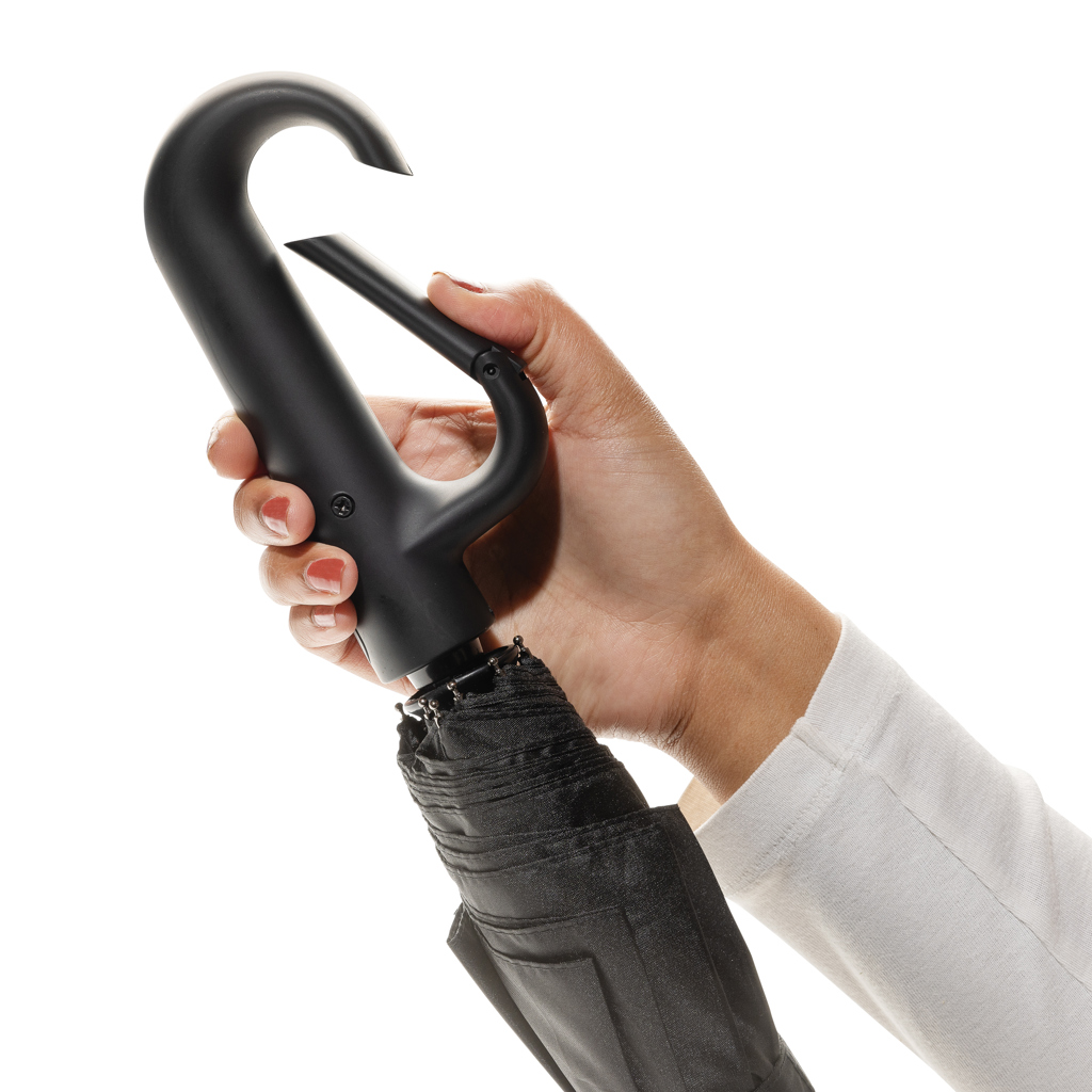 Yara 21“ AWARE™ rPET Regenschirm mit Karabiner, schwarz