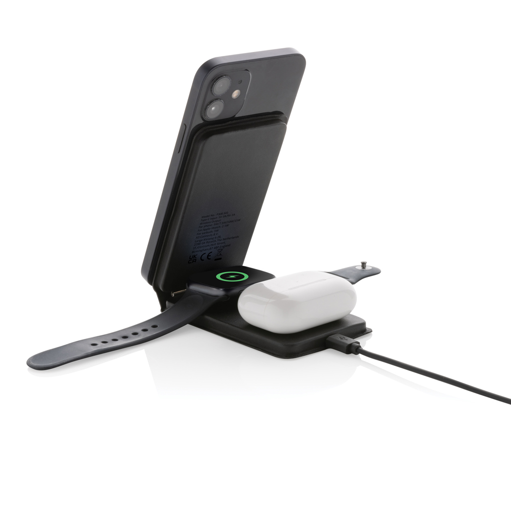 Swiss Peak 15W 3-in-1 magnetischer Wireles Charger aus rPU, schwarz