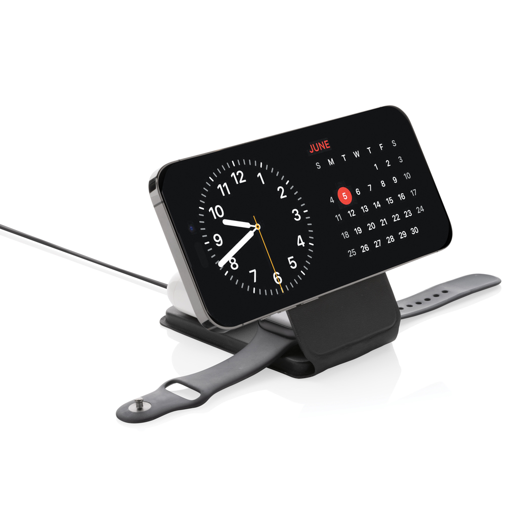 Swiss Peak 15W 3-in-1 magnetischer Wireles Charger aus rPU, schwarz