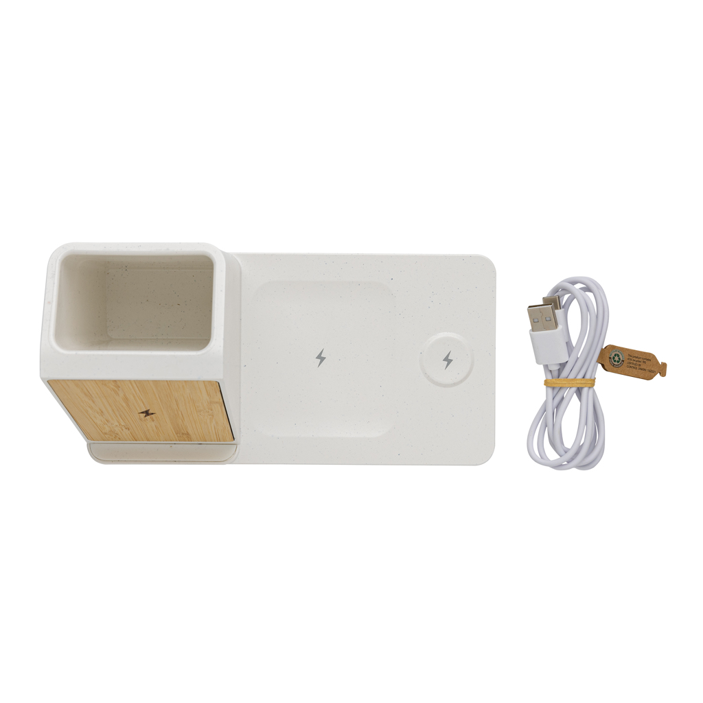 Ontario 15W 3-in-1 Charger aus RCS rec. Kunststoff & Bambus, weiß