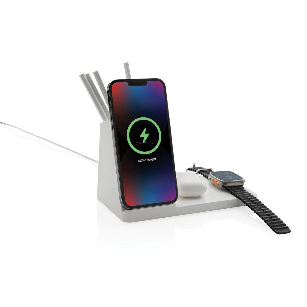 Ontario 15W 3-in-1 Charger aus RCS rec. Kunststoff & Bambus, weiß