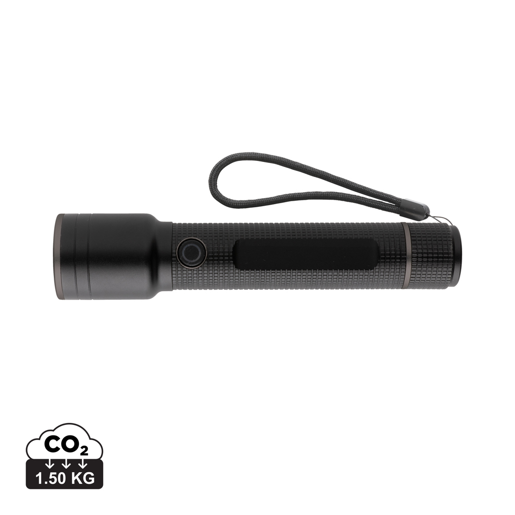Große Gear X Taschenlampe aus RCS recycelt. Alu mit USB-Akku, schwarz