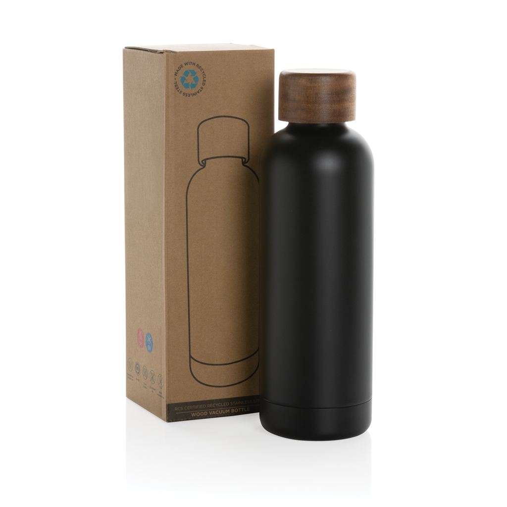 Wood Vakuumflasche aus RCS recyceltem Stainless-Steel, schwarz